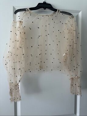 Zara Sheer Polka Dot Puff Sleeve Blouse - Nude with Black Dots